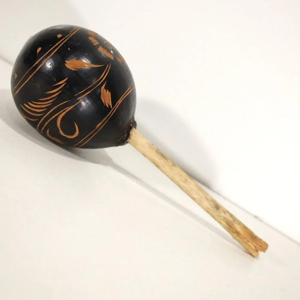 Vintage Peruvian Calabash Maraca Carved Painted 10in